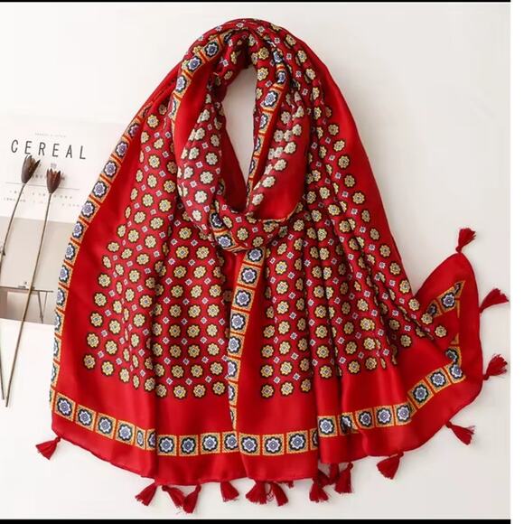 NEW Boho Floral Design Tasseled Rectangle Soft Chic Scarf Large Red Yellow Blue - Picture 14 of 15